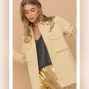 NEW blue b Khaki Gold Sequin Tiger 100% Cotton Relaxed Fit Utility Shirt Jacket